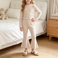 thumbnail image 2 of Pandaie Girls Drawstring Crop Blous Top Flare Pants 2 Piece Set Solid Color Stretch Long Sleeve Casual Fashion Tracksuit Beige,2-3 Years, 2 of 6