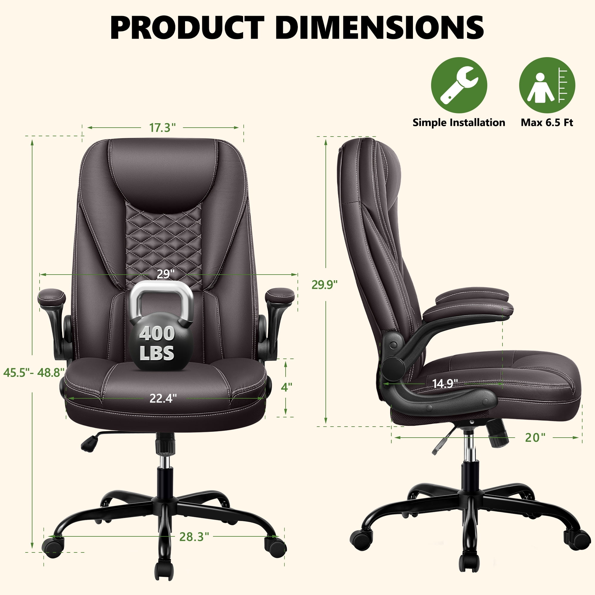COOLHUT Big and Tall Office Chair, Executive Home Office Desk Chairs, Ergonomic Computer Faux Leather Desk Chair with Adjustable Flip-Up Arms, Lumbar Support Swivel Task Chair, Coffee