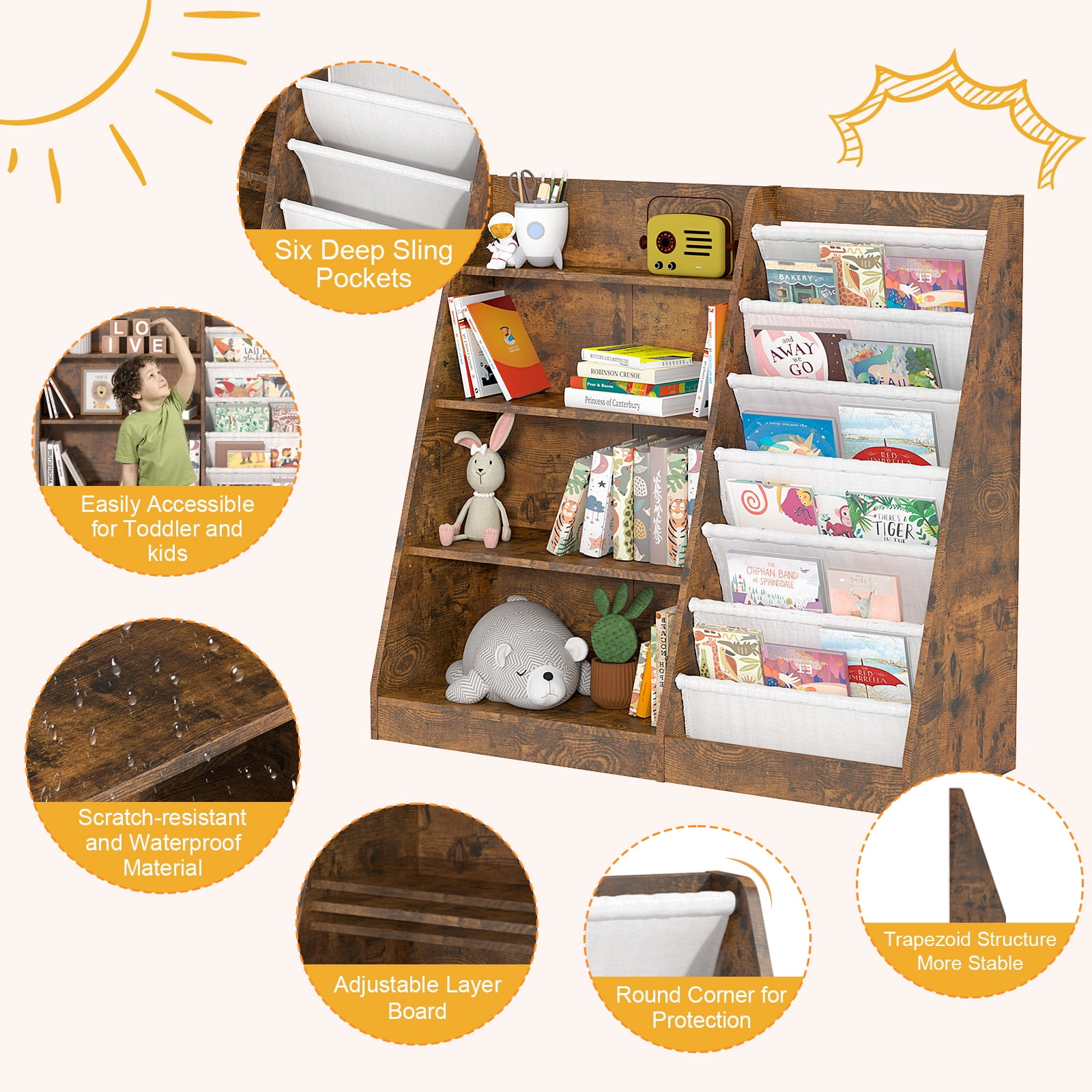 Hironpal Large 6 Layer Sling Kids Bookshelf, 4 Tier Wooden Children Toy Organizer Cabinet for Playroom Nursery Classroom Library