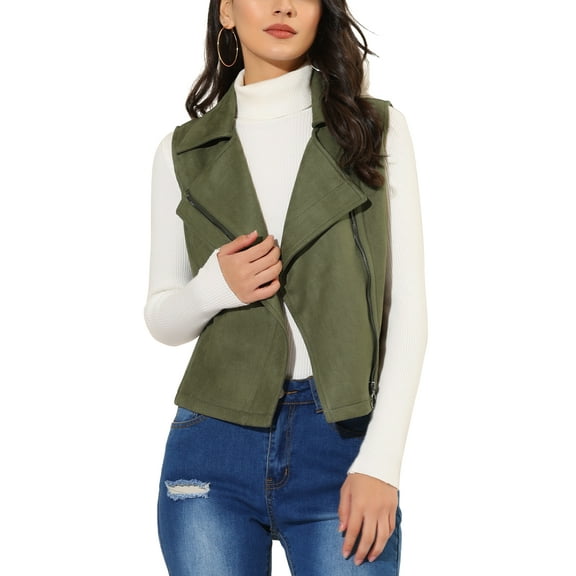 INSPIRE CHIC Women's Casual Faux Suede Sleeveless Short Biker Vest Jacket S Army Green