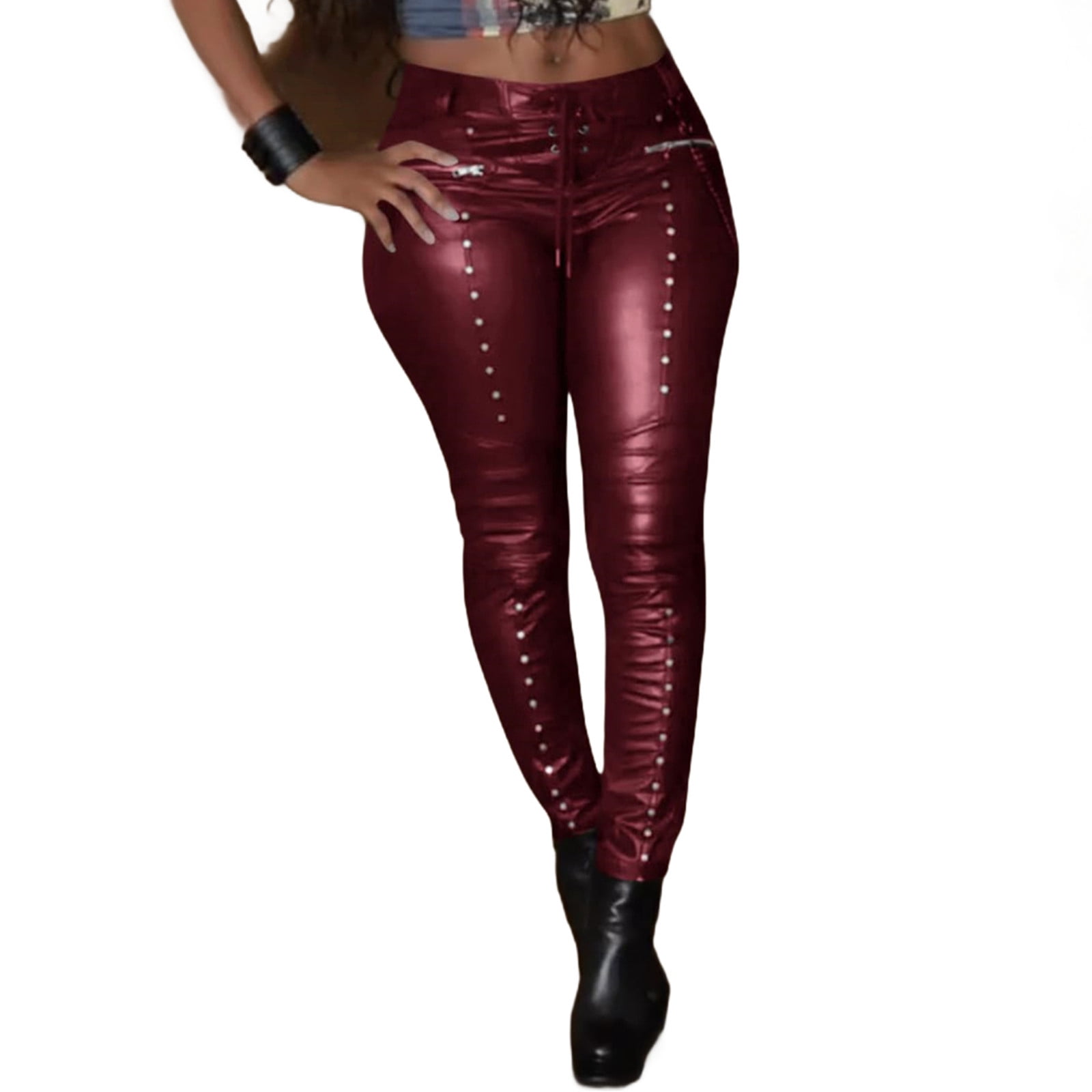 Rock Style Women's Faux Leather Leggings Gothic Punk Skinny PU Leather Pants Mid Rise Novelty Studded Tight Pants