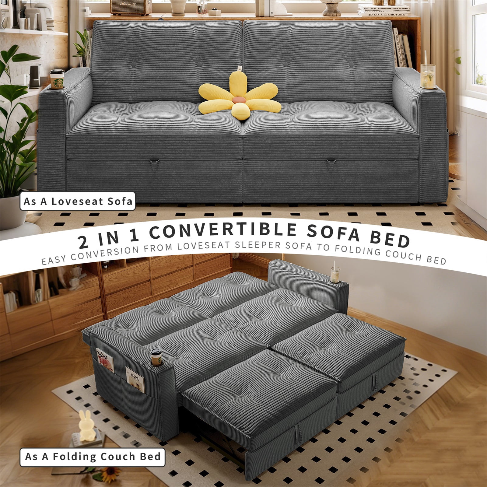 Hommoo 70" Convertible 2-in-1 Pull Out Couch Bed, Multi-Functional Corduroy Loveseat Sleeper Sofa Bed, Gray