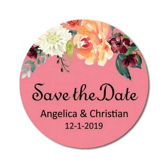 Darling Souvenir Round 45 Pcs Floral Save The Date Stickers Wedding Personalized Bride Groom Names And Date Envelope Seals - Peach