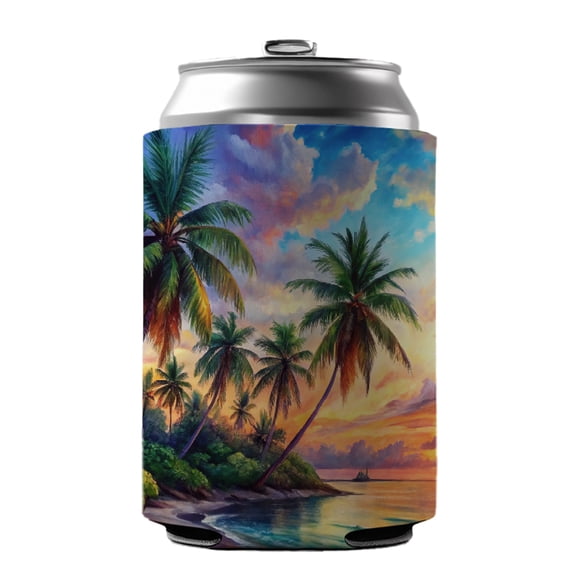 Tropical Beach At Sunset Watercolor Drink Beer Soda Insulated Sleeve Holder Can Cooler Hugger