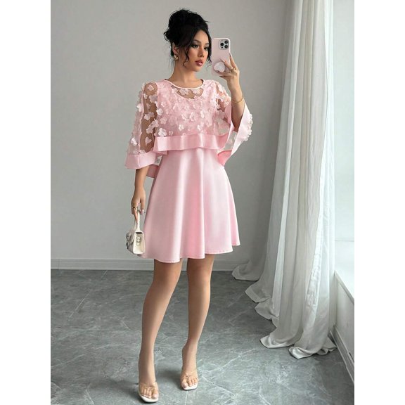 Pink Womens Elegant Floral Appliqué Chiffon Overlay A-Line Short Dress