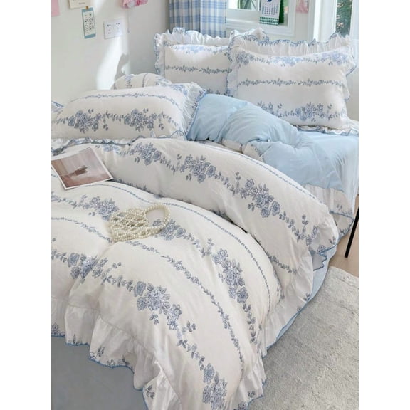 4pcs/Set Korean Style Ruffled Washed Bedding Set, Includes 1 Duvet Cover, 1 Bed Sheet, 2 Pillowcases (Without Inner Fillings)