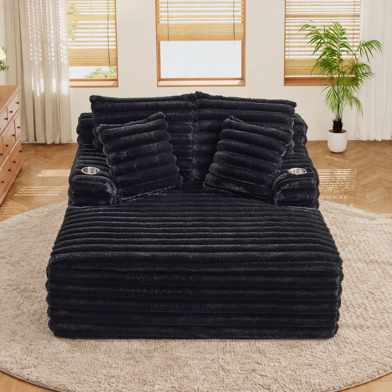 Lunale Oversized Chaise Lounge Chair Indoor Furniture, Boneless Cloud Couch with Cup Holders, Faux Fur Accent Chair for Living Room, Black