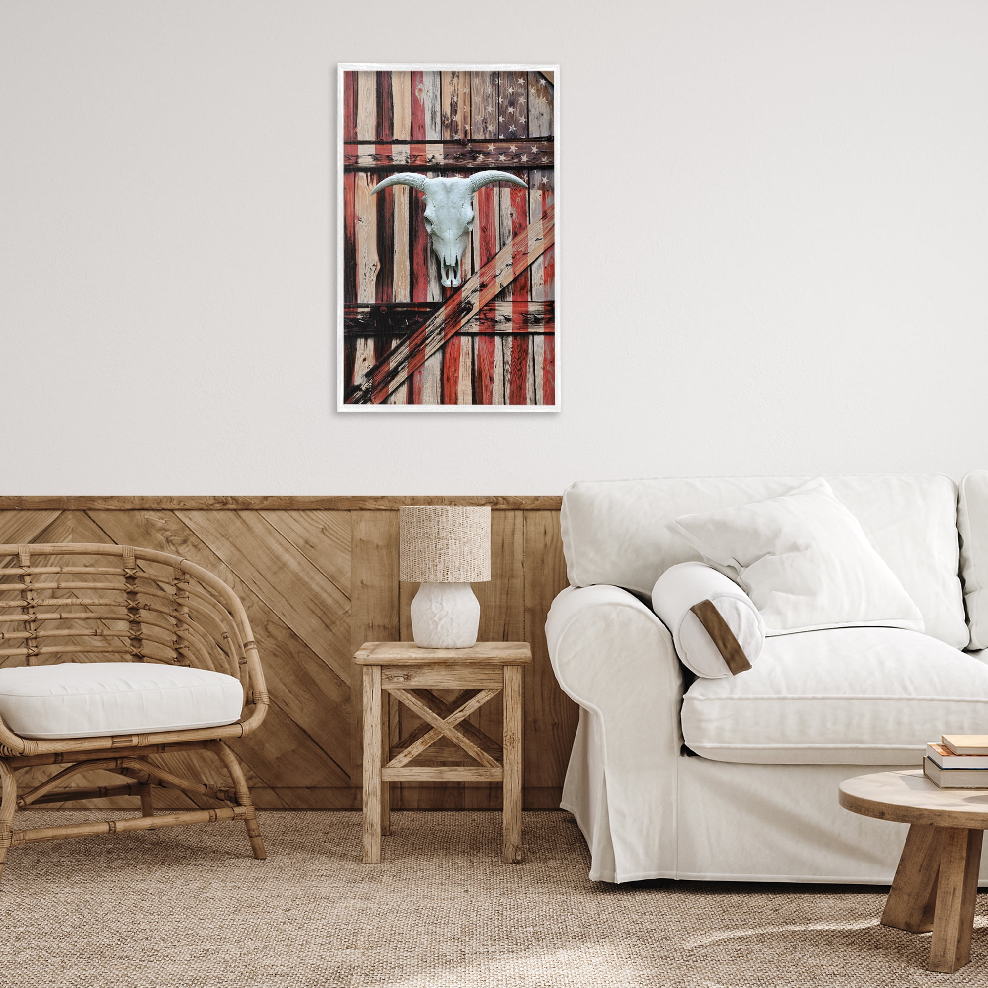 Stupell Industries Patriotic Cow Skull Transportation Painting White Framed Art Print Wall Art, 20 x 30