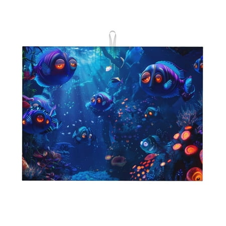 

Zeuib Deep Sea Glowing Fishes Dish Drainer Kitchen Counter Kitchen Drying Mat Heat Resistant Drainer Mats Easy to Clean Dish Rack Pad