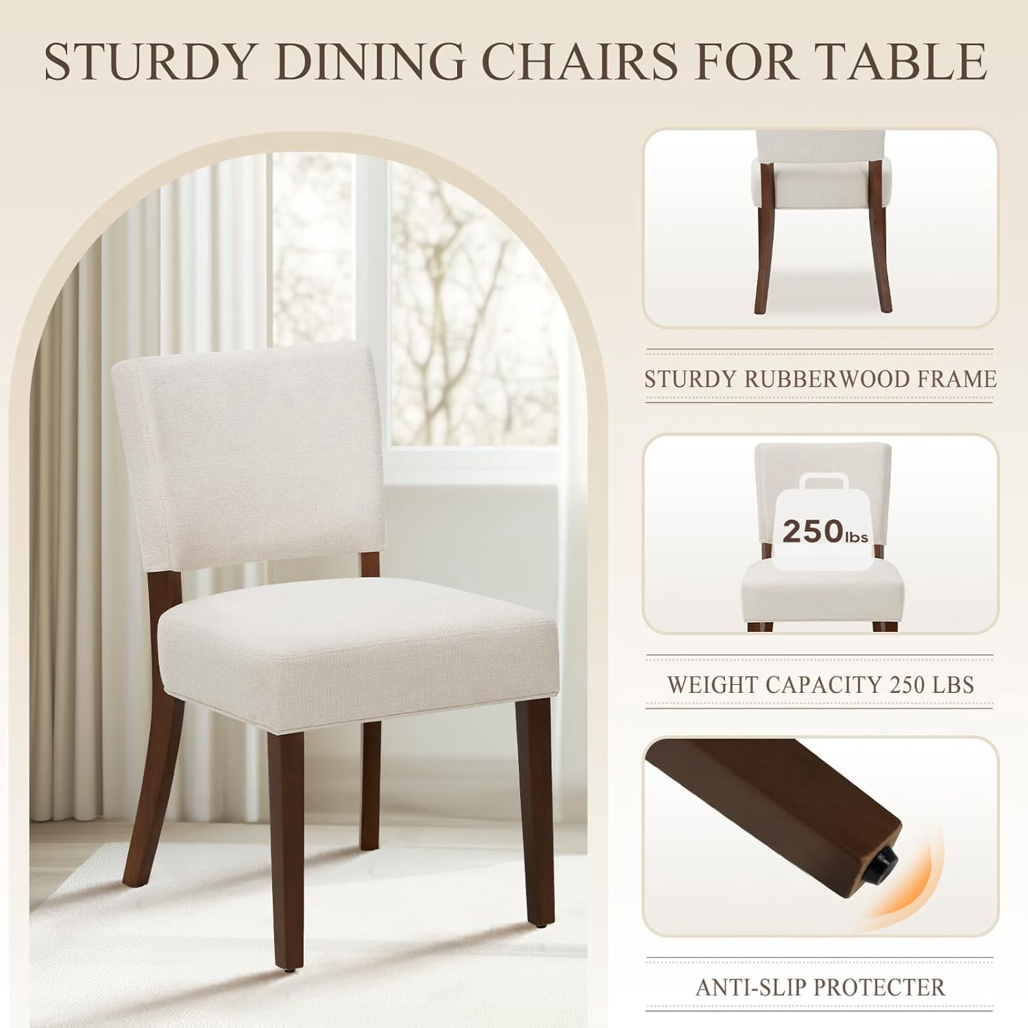 Mid Century Modern Dining Chairs Set of 2, Upholstered Kitchen Chairs with Back, Farmhouse Fabric Side Dining Room Chairs with Wood Legs for Dining Room Kitchen Restaurant, Beige