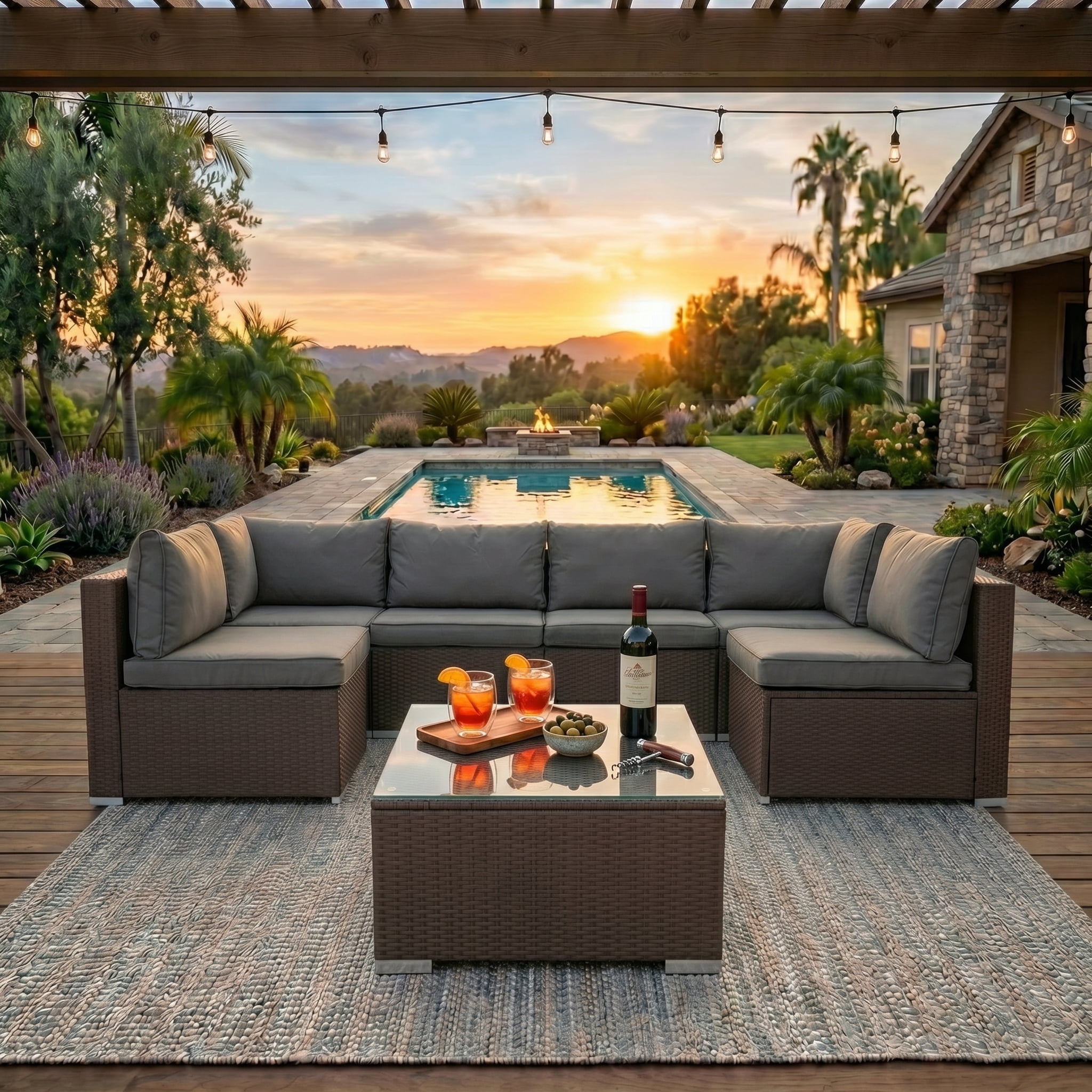 Howcool 7-Piece Modular Outdoor Patio Furniture Set with Cushions and Tempered Glass Table