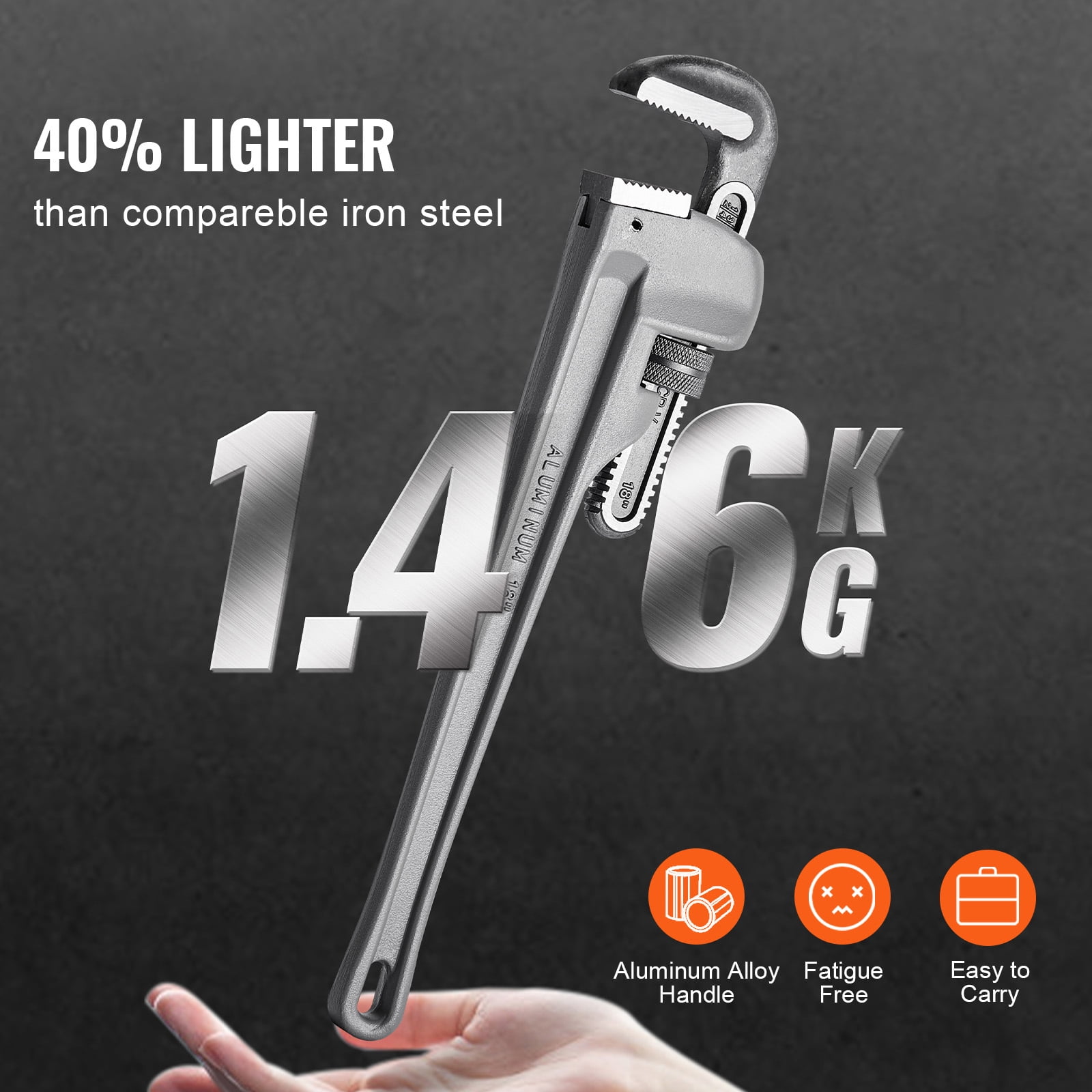 KFFKFF 18" Aluminum Pipe Wrench, Adjustable for Plumbing, with Durable Jaw & Comfort Grip, Lightweight, Portable with a Design to Hang, Ideal for Water Pipes & Auto Maintenance
