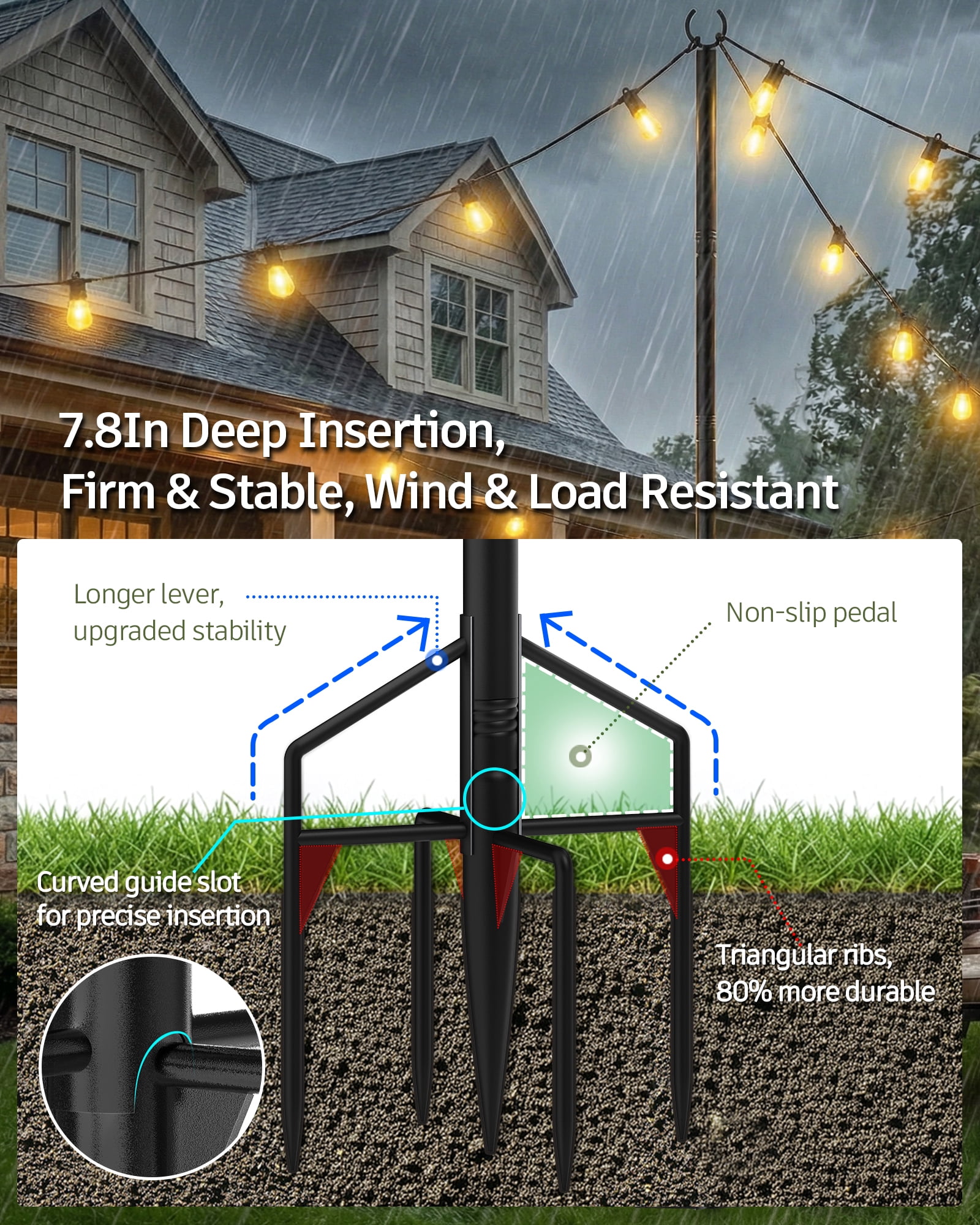 String Light Poles 2 Pack, Heavy Duty Outdoor Light Poles with Upgraded 5‑Prong Base, Anti‑Bending Stable Design for Backyard Patio Garden Wedding Party Decoration