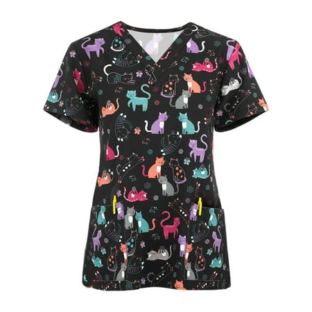 

fartey Nurse Scrubs for Women Tunic Fit Cat Print V Neck Uniform Tops Casual Summer Short Sleeve Pockets Working Blouses