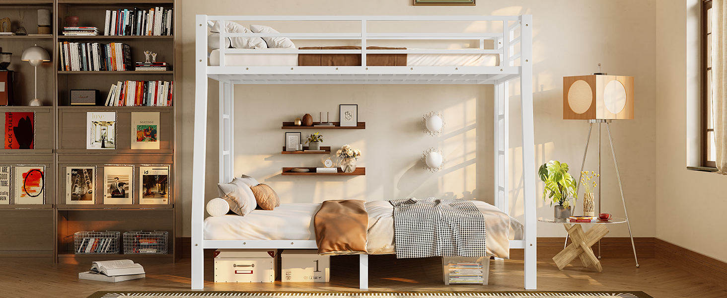 Mintazer Full XL Over Queen Metal Bunk Bed with 2 Side Ladders & Guardrails for Bedrooms Teens Adults, White