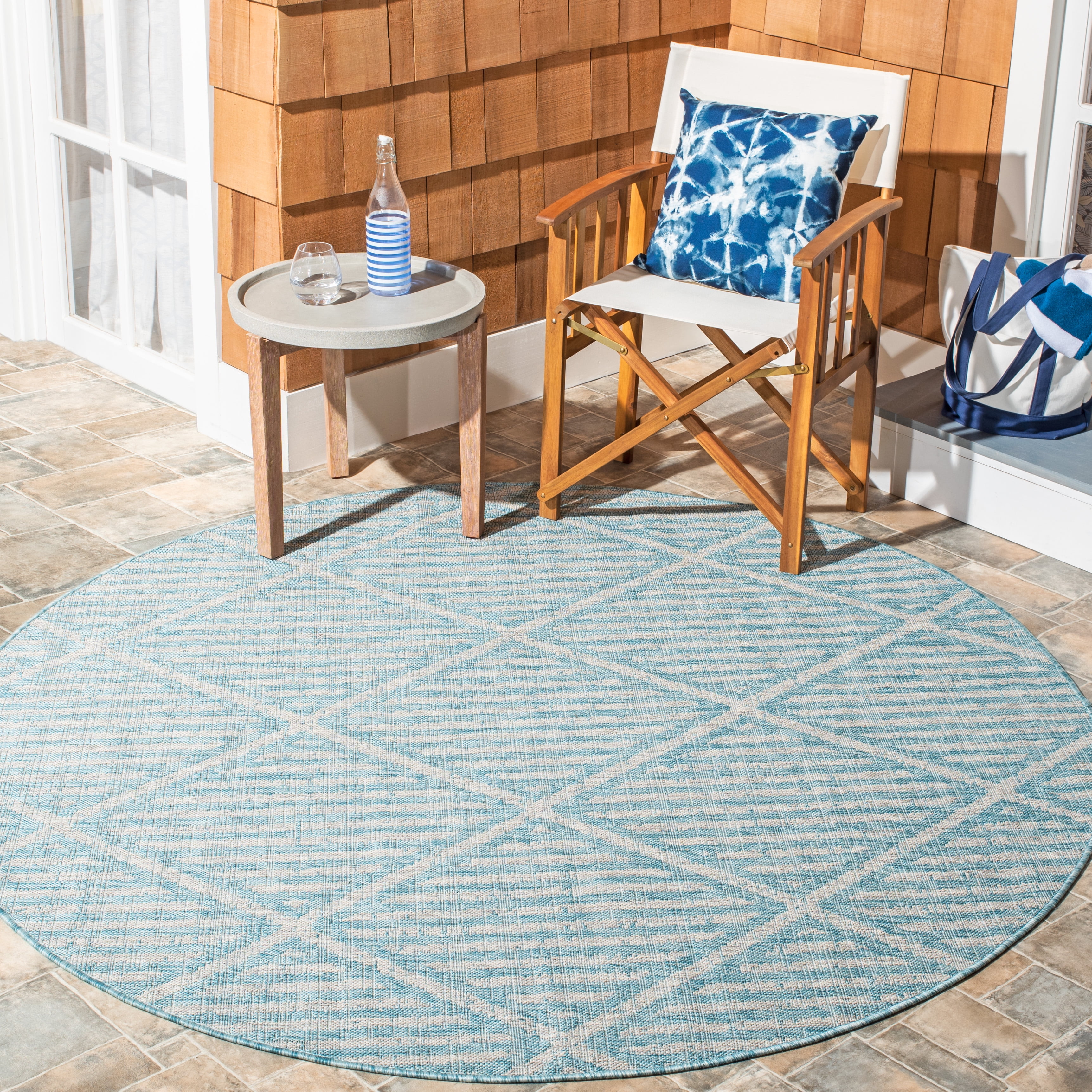SAFAVIEH Courtyard Corinna Geometric Indoor/Outdoor Area Rug, Aqua/Grey, 6'7" x 6'7" Round