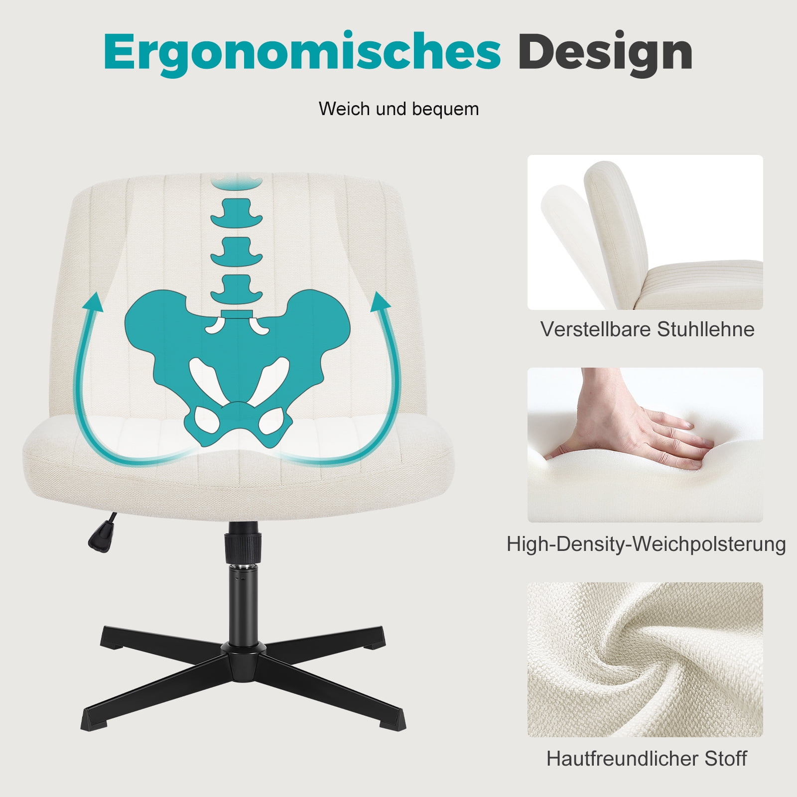 Armless Criss Cross Legged Office Chair, Desk Chair No Wheels, Fabric, Beige