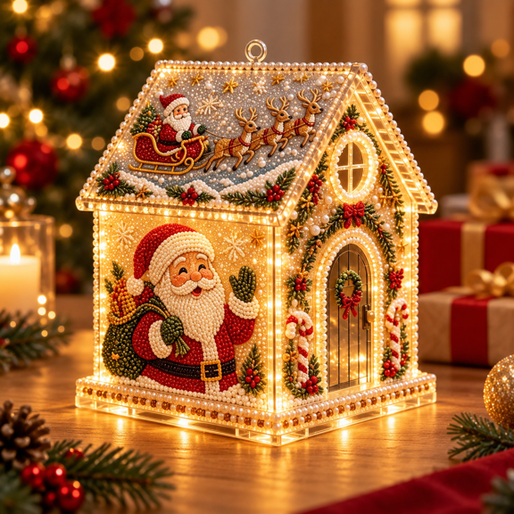 Christmas House Pearl Art Kit with LED Lights, 3D DIY Bead Craft Tabletop Decor with Rhinestone and Pearl Details