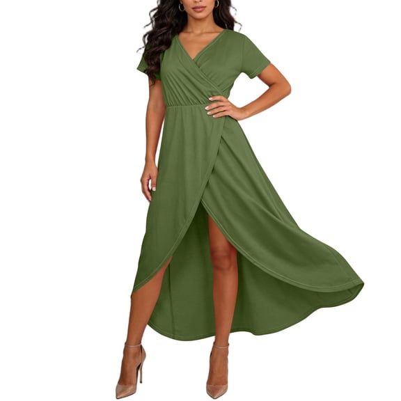 BRGZLK Formal Dresses for Women Solid Color Crisscross Design Elegant Wrap High Low Split Elastic Waist Flowy Short Sleeve V-Neck Dresses Wedding Guest Dress Army Green L
