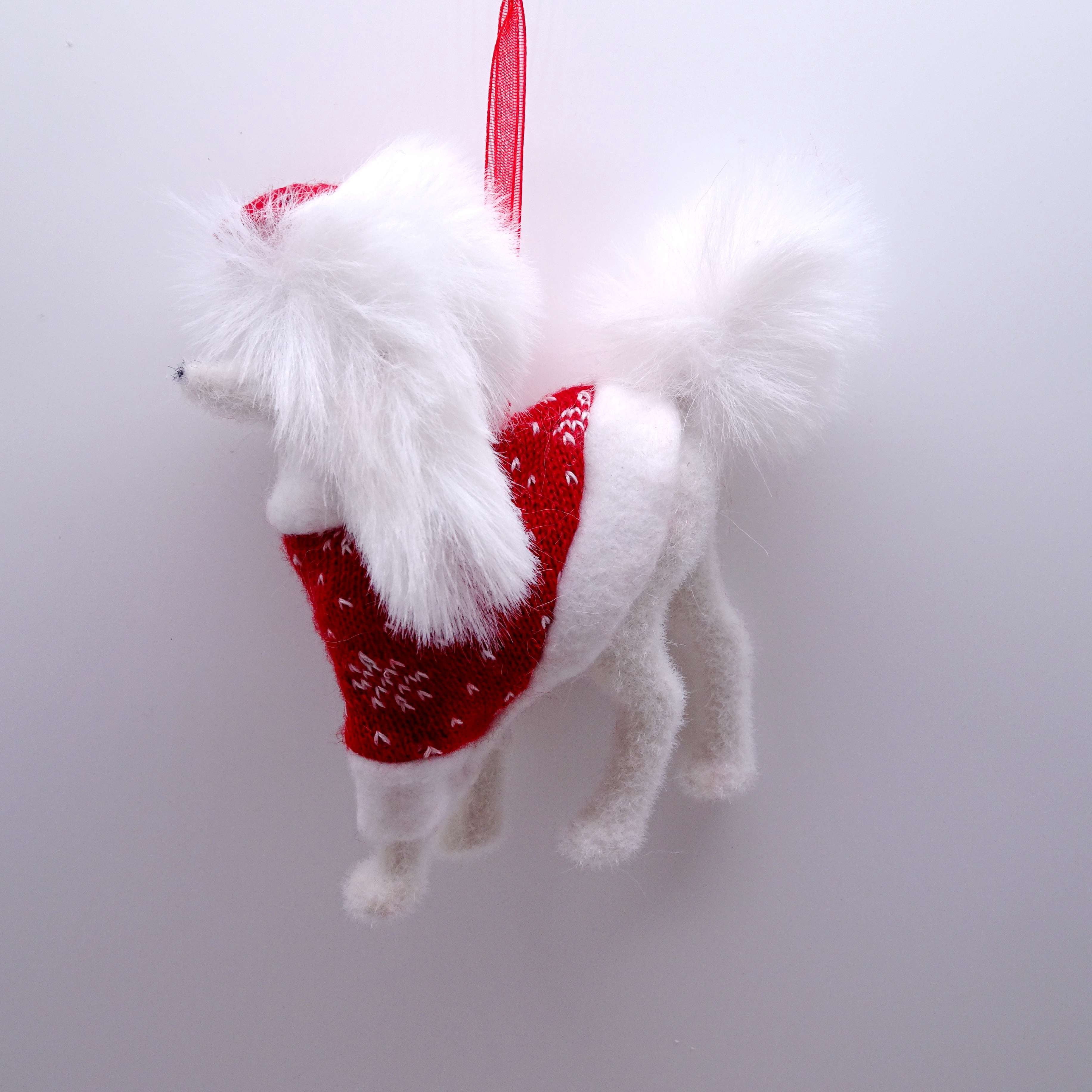 White and Red Plush Poodle Christmas Ornament, 5", by Holiday Time