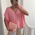 thumbnail image 3 of Womens Summer Oversized Short Sleeve Button V Neck Casual Knit Sweater Tops Pink M, 3 of 6
