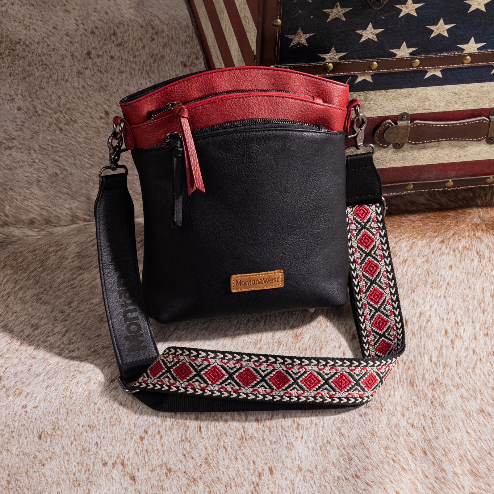 Montana West Multi Zip Pocket Large Crossbody Bag With Guitar Strap, Brown/Red