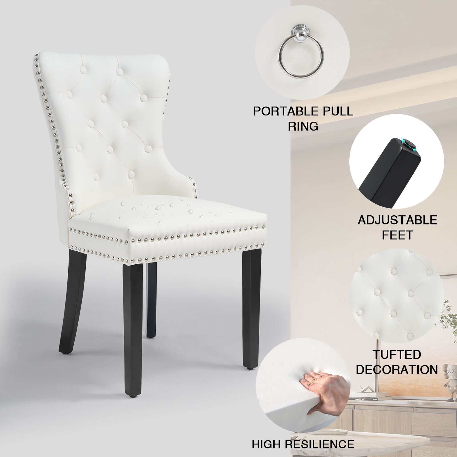 Foredo PU Leather Dining Chairs Set of 2, Tufted Upholstered Dining Room Chair with Pull Ring and Solid Wood Legs, White