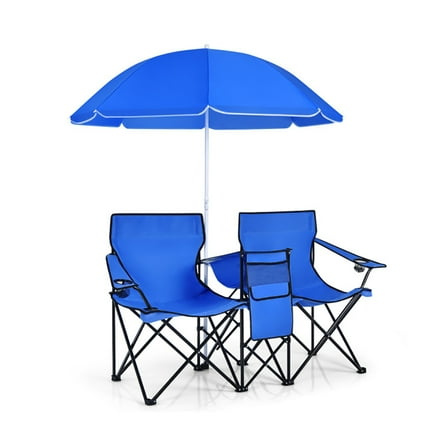 Spaco Portable Folding Picnic Double Chair with Umbrella-Blue With Umbrella-Turquoise，Portable Double Folding Chair For Beach,Camping