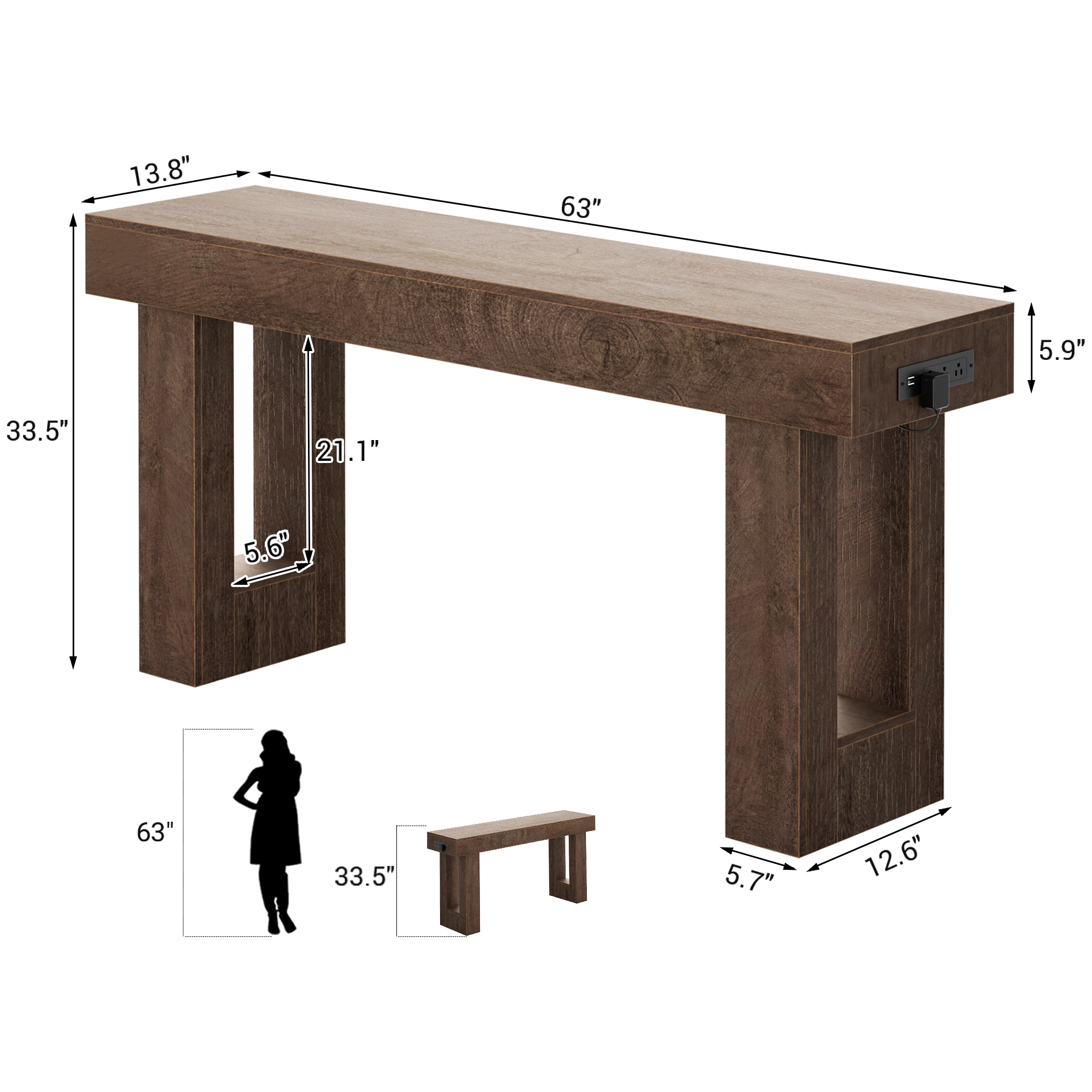 Homieasy 63'' Farmhouse Console Table with Power Outlets and Sensor Light, Wooden Entryway Table Narrow End Table with Storage for Entrance, Hallway, Living Room, Bedroom, Cracked Oak
