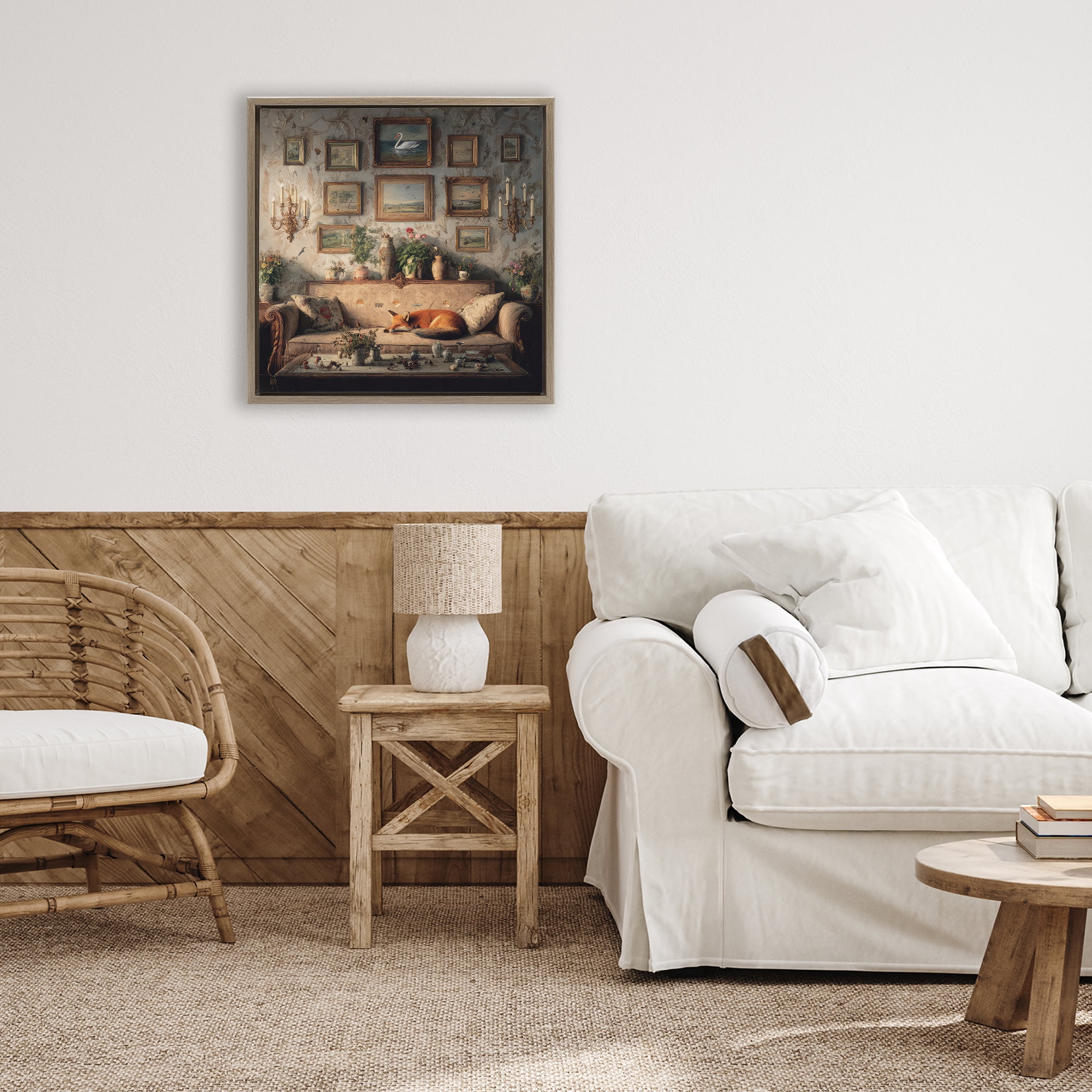 Stupell Industries Vintage Parlor with Fox Brown Framed Floater Canvas Wall Art, design by The Wands Want