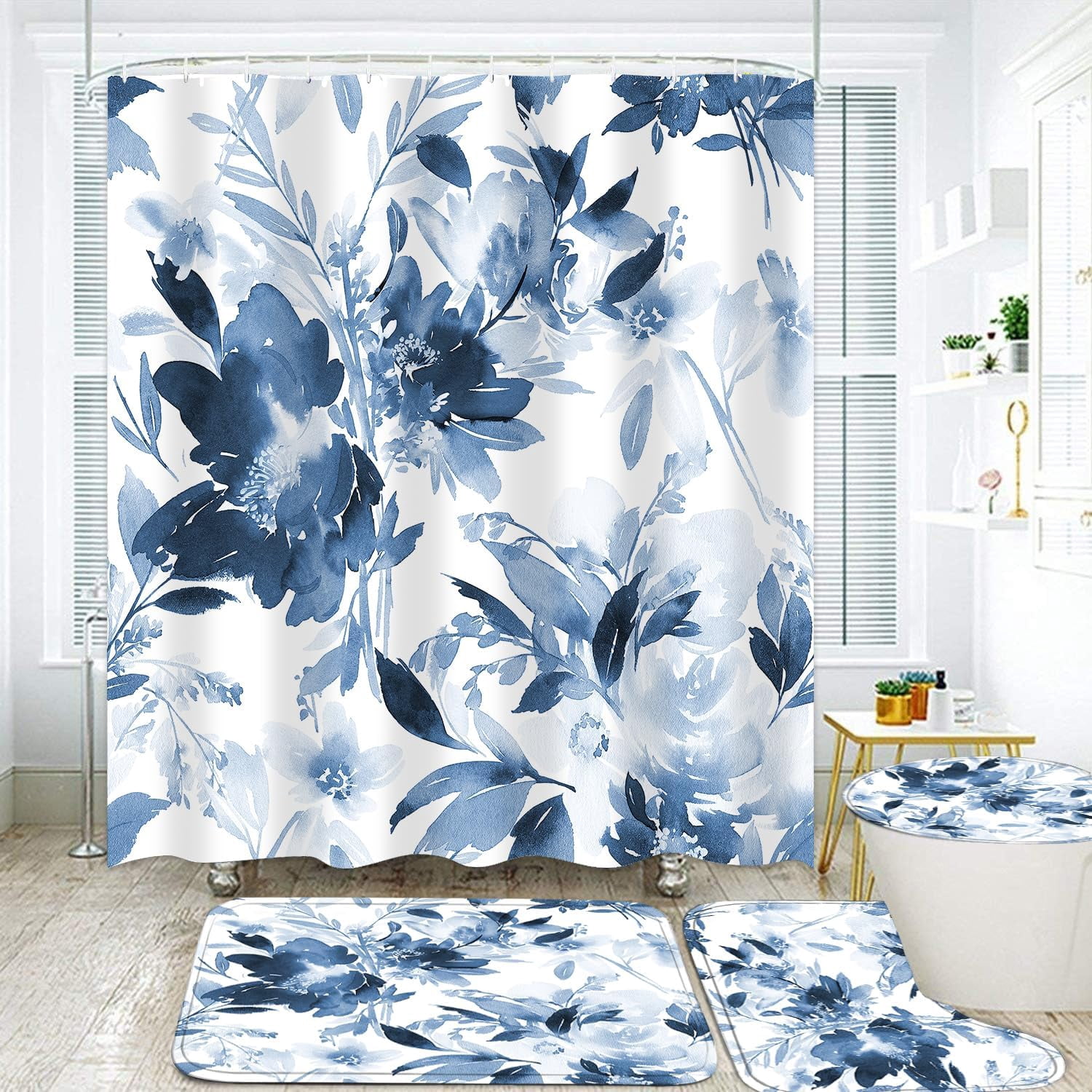 Blue Leaves Shower Curtain Set Bathroom Sets Flower Shower Curtain Set with Rugs,Bathroom Shower Curtain Set with Carpet Bath Mat Toilet Rugs