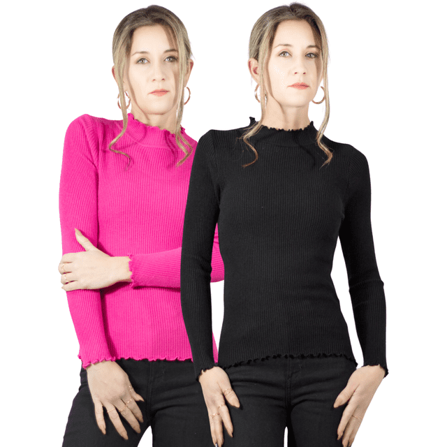 suéter malabis mujer otoño/invierno cuello redondo 2026 unitalla Set de 2 suéteres de punto en negro y fucsia, vista frontal centrada; silueta entallada con cuello redondo, mangas largas y borde ondulado en puños y dobladillo; tejido acanalado de poliéster stretch y cierre funcional de cremallera, talla unitalla diseñada para ajustarse de S a L; fondo blanco de estudio, modelos mostrando ambos colores; ideal para looks casuales o formales y uso versátil.