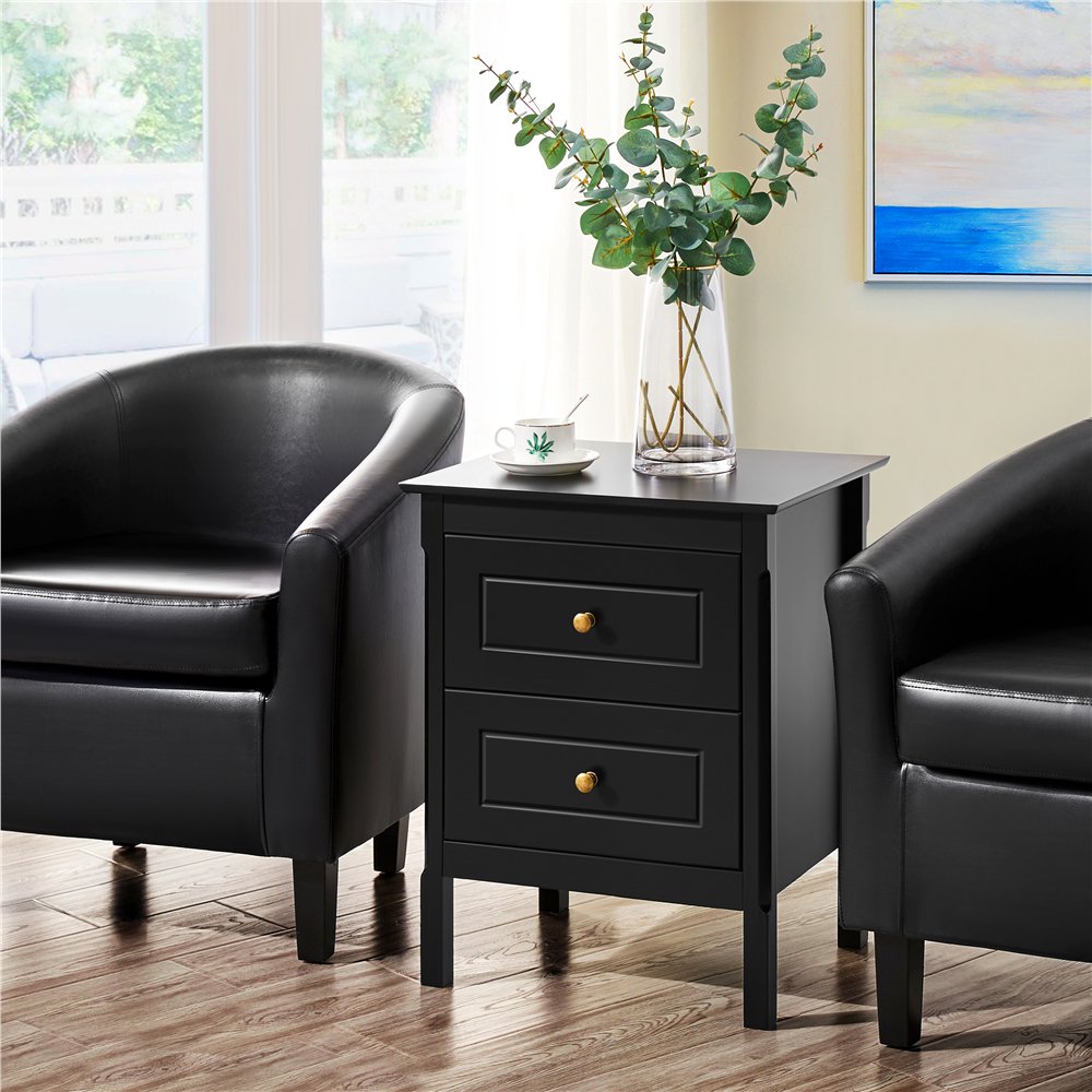SmileMart Wooden End Table with 2 Drawers, Black