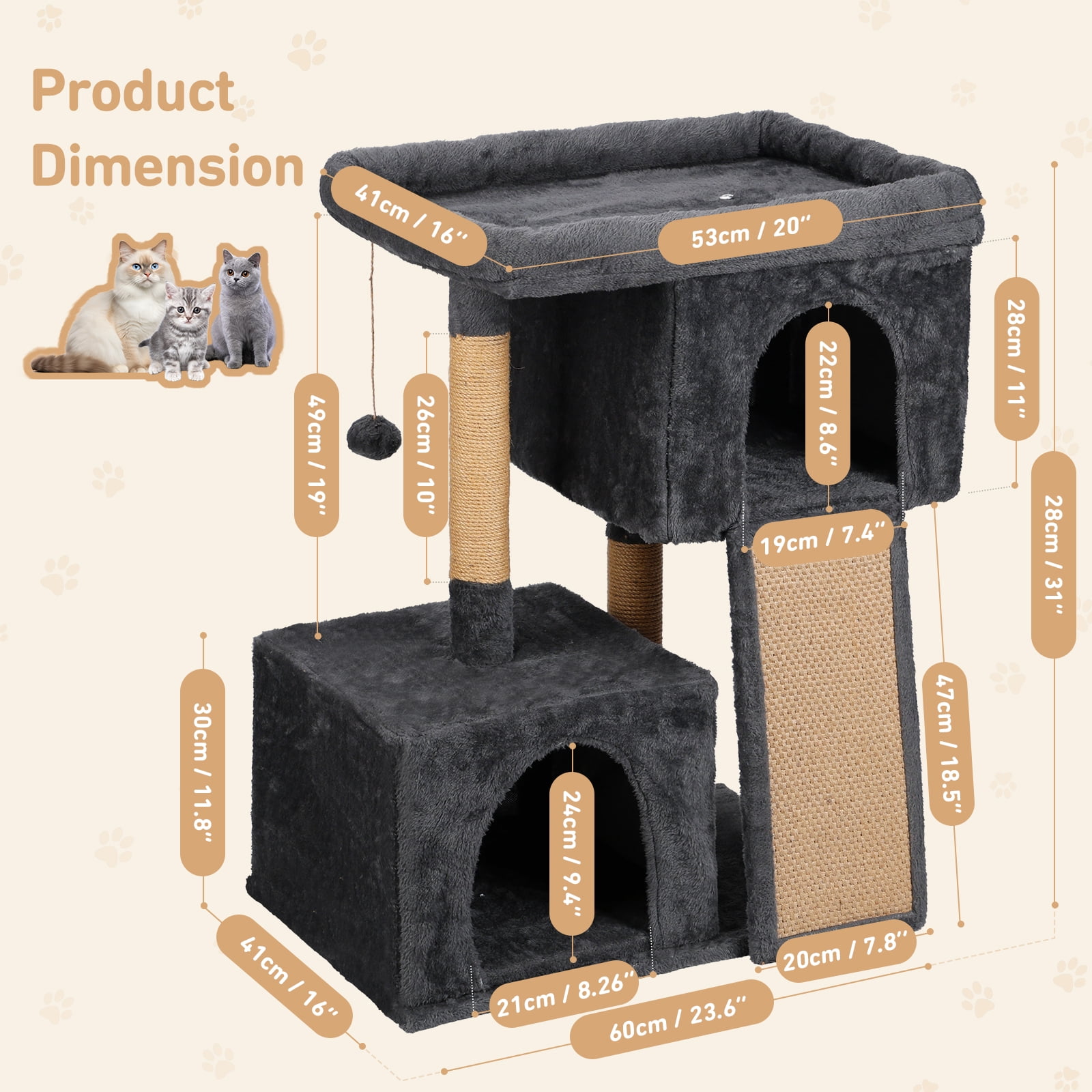 ZephyPaws 36in Cat Tree for Large Adult Cats,Cat Tower Condo with Extra Large Perch,Scratching Posts for Kittens Indoor Cats,Gray