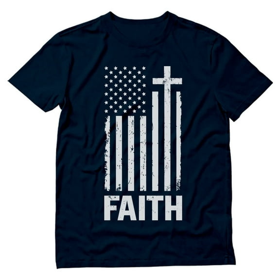 Faith & Freedom American Flag Patriotic Christian T-Shirt - Distressed White USA Cross - Perfect Independence Day Apparel - Ideal Gift for Men - Comfortable Christian Clothing - Small Navy