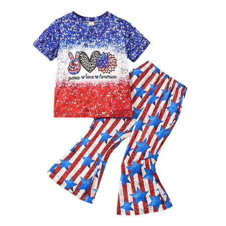 

TJAZFJPA Dance Outfits for Girls Two Piece Girls Independence Day Short Sleeve Letter Prints Tops Trumpet Long Pants Two Outfits Little Sister Newborn Outfit Fall Shorts Outfits for Girls