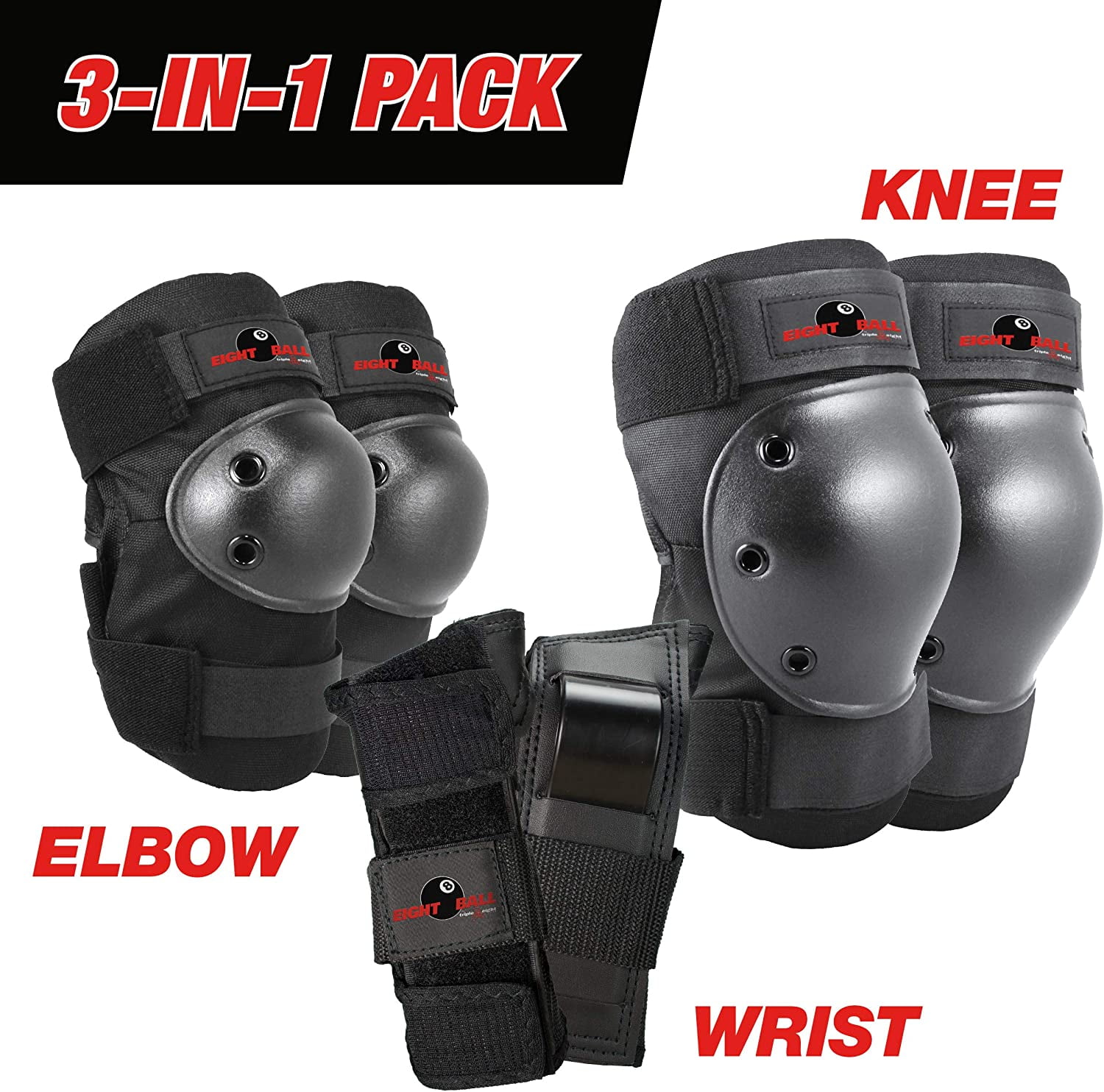 Eight Ball Black Pads, for Bike, Skate, and Scooter, Adult 14+