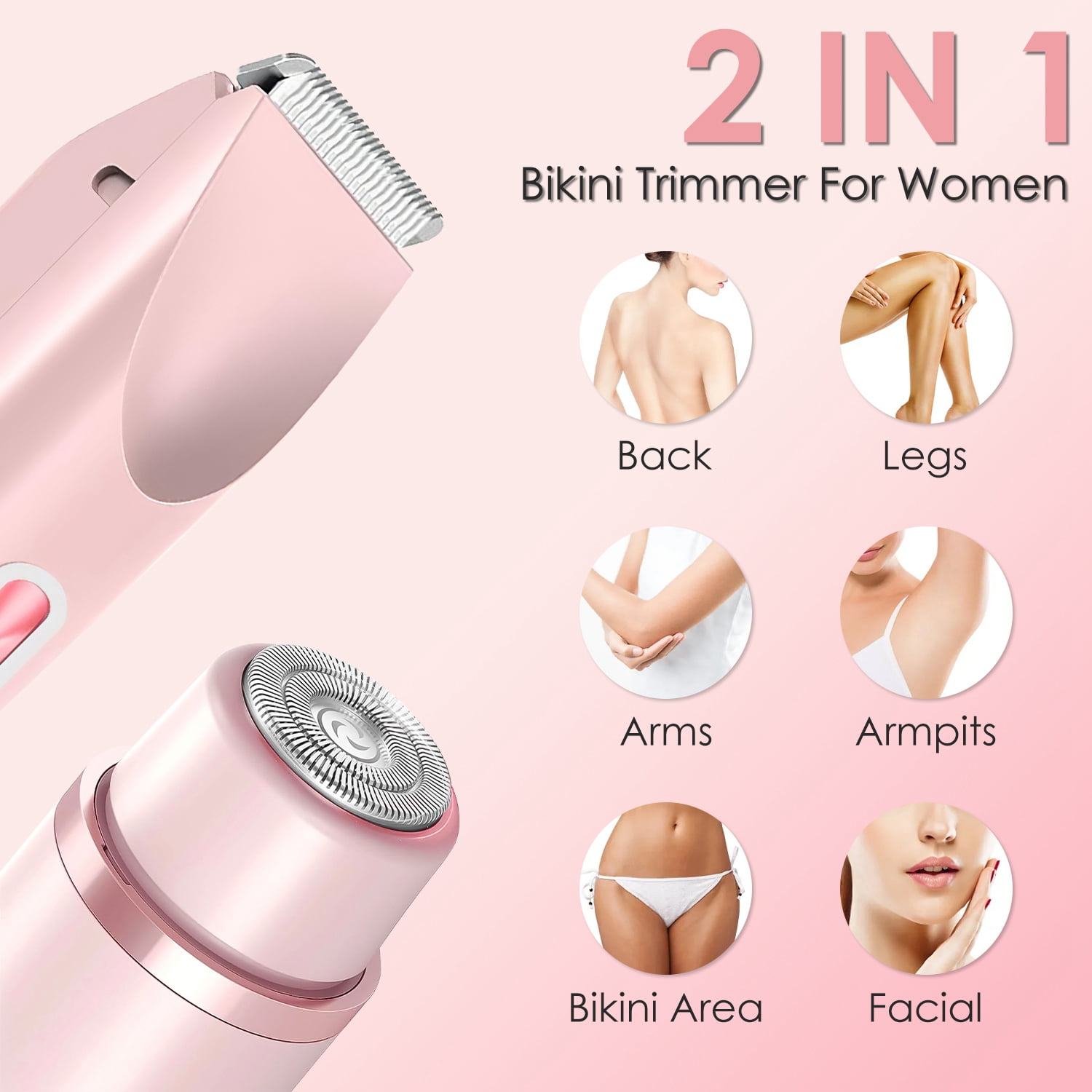 TeqHome 2-In-1 Bikini Trimmer for Women IPX7 Waterproof Electric Razors for Women Rechargeable Pubic Body Hair Trimmer Wet and Dry Use Gifts for Women Pink