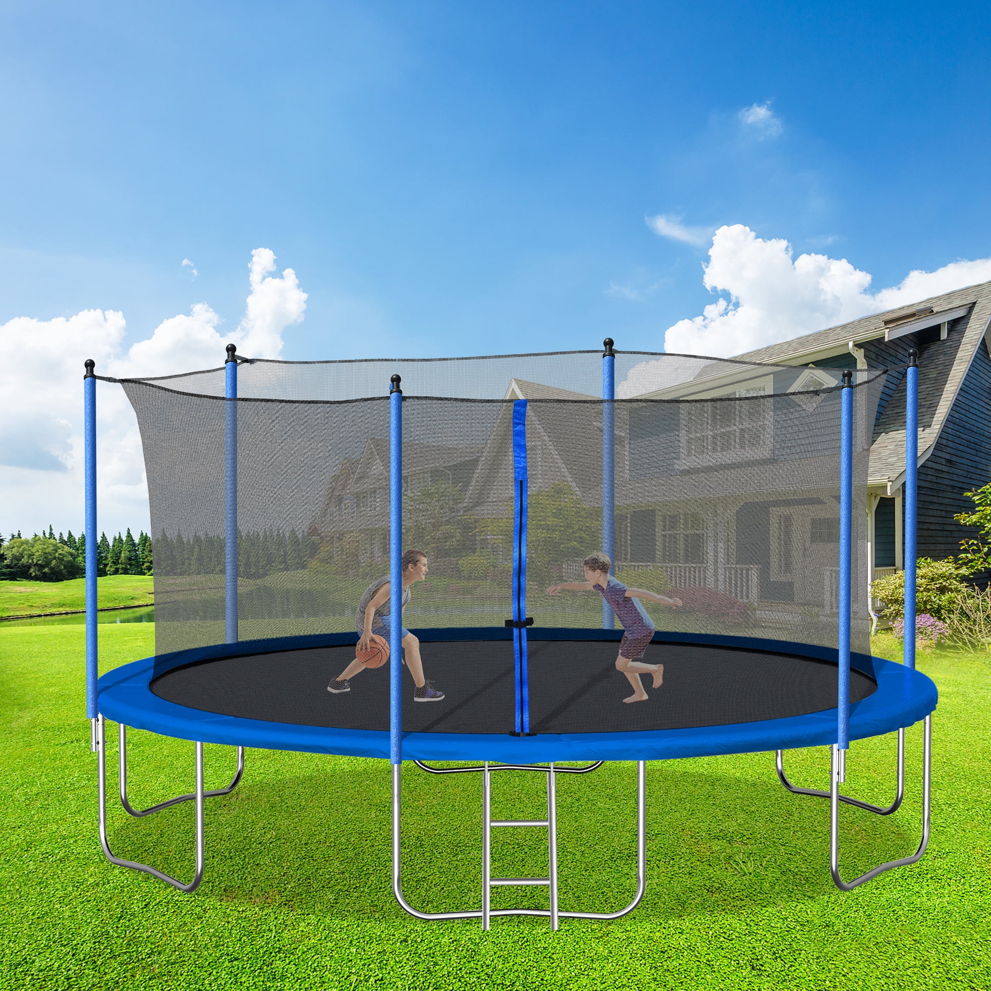 14FT Trampoline with Enclosure for Kids Adults, SEGMART Outdoor Round Recreational Trampoline with No-Gap Design, Heavy Duty Backyard Trampoline with Jumping Mat for Indoor Outdoor