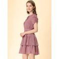 thumbnail image 4 of INSPIRE CHIC Women's Tie Neck Ruched Sleeve Elastic Waist A-Line Double Layers Ruffle Hem Short Dress, 4 of 6