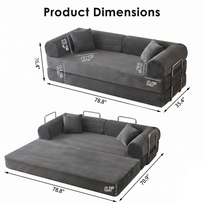 Anpport 78.8" Compression Boneless Sectional Sofa, Convertible Floor Sleeper Bed with Pillow Back Armrest, Corduroy Fabric, Grey, for Living Room Bedroom