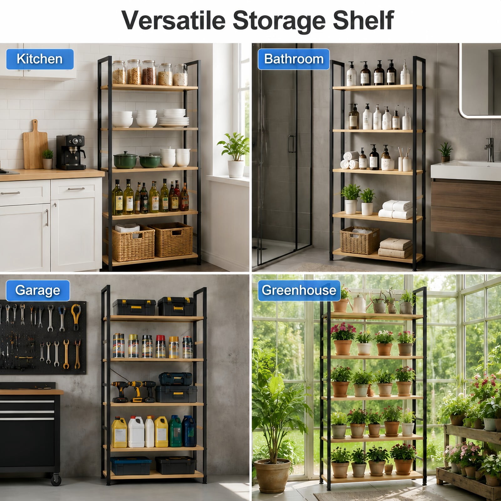 Kelno 5-Tier Bookshelf 62"x24" Industrial Storage Shelf Free Standing Bookcase Metal Frame Bookcase with Open Storage Shelves,Light Oak