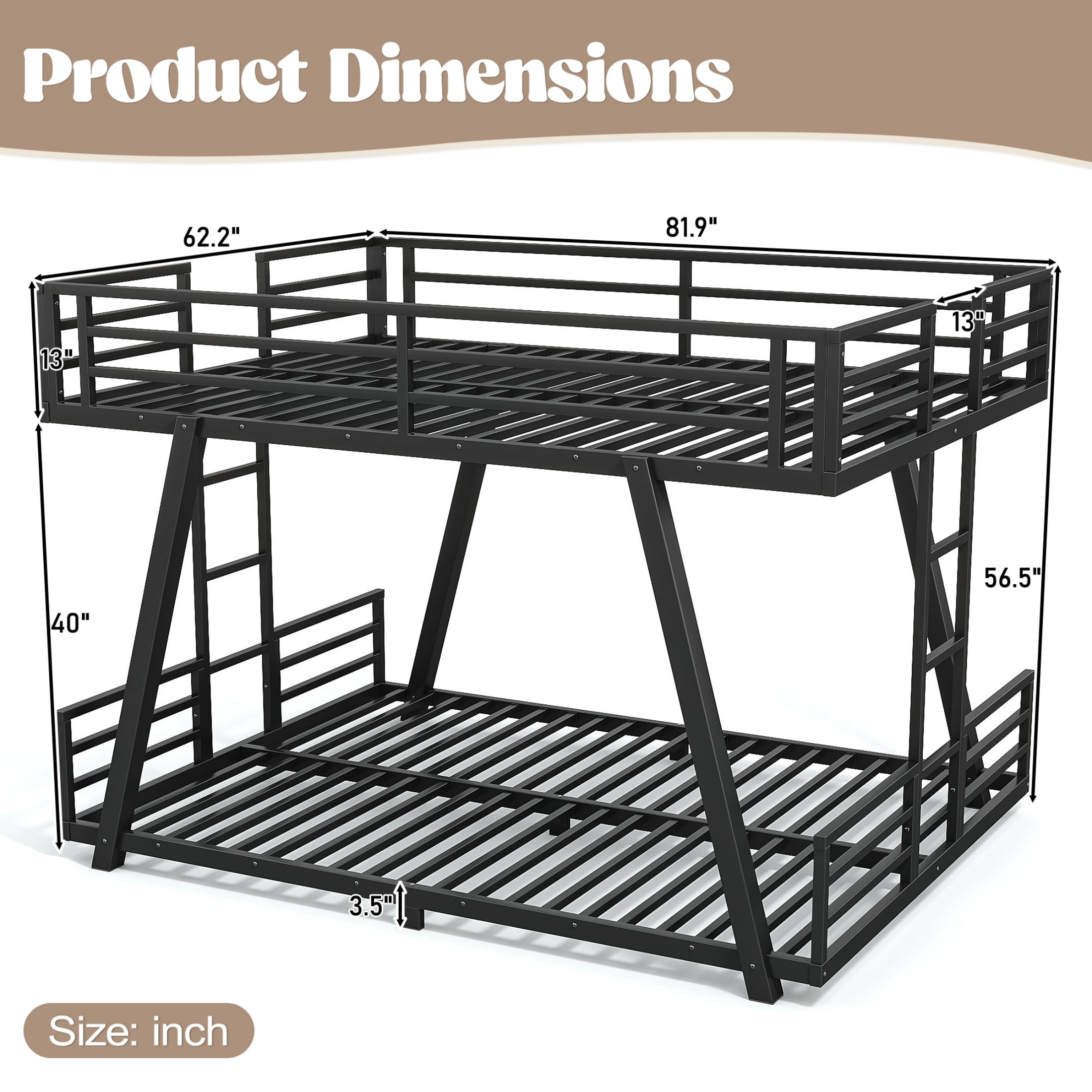 Aukfa Queen over Queen Metal Bunk Bed with Heavy Duty A-Frame Support Design, 2 Side Ladders, Low Profile, Black