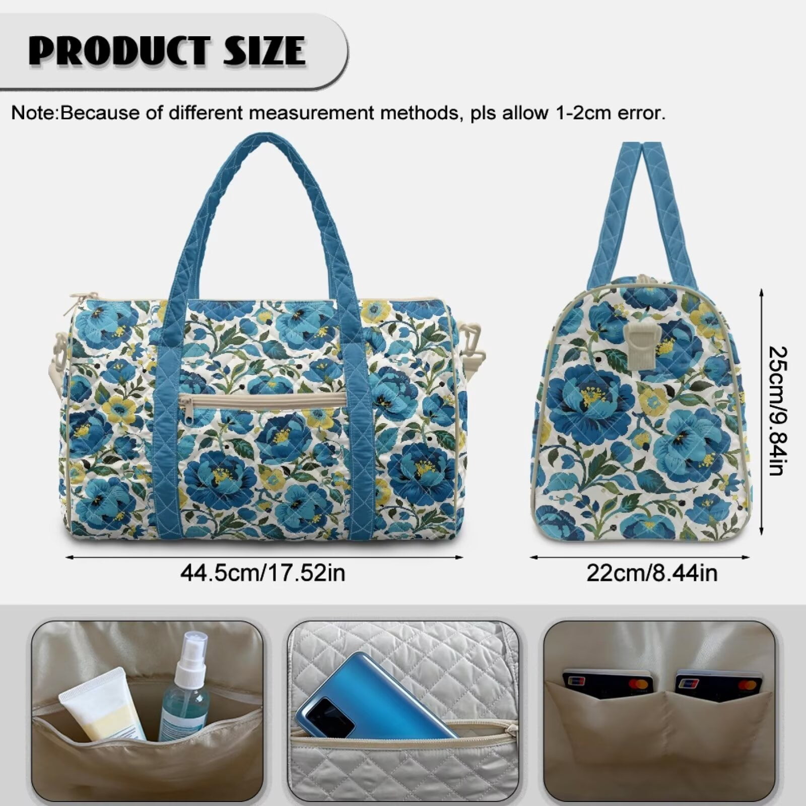 Chririnla Quilted Luggage Bag for Dad Universal Fit Travel Bag Soft Duffle with Separate Compartment & Smooth Zipper Fits, Blue Peony Pattern
