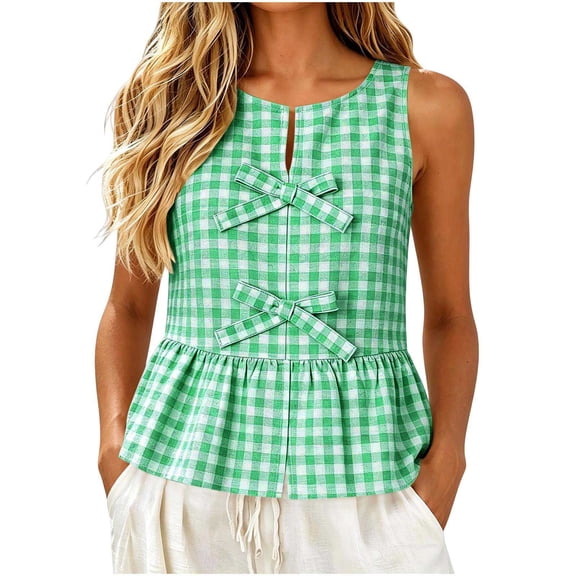 cocolona Womens Summer Linen Tank Tops Plaid with Crew Neck Front Lace-up Sleeveless Pleated Shirts Trendy Casual Blouses
