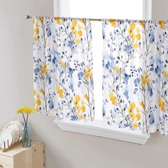 Blue Yellow Spring Floral Sheer Curtains 45 Inch Length 2 Panels Set for Living Room/Bedroom, Summer Botanical Abstract Semi Curtain Sheers Drapes Rod Pocket Curtains Window Treatment Set 52''x45''x2