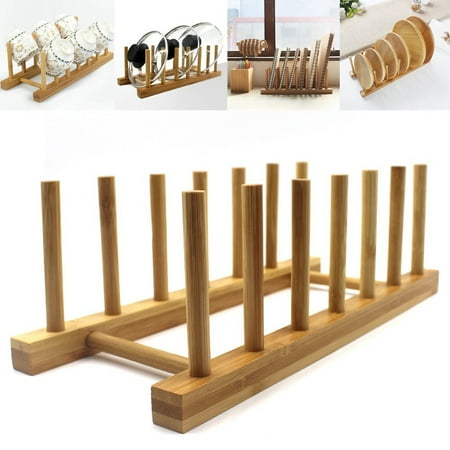FeelGlad 2Pcs Bamboo Dish Plate Bowl Cup Book Pot Lid Cutting Board Drying Rack Stand Drainer Storage Holder Organizer Kitchen Cabinet, Stand Kitchen Cabinet Organizer