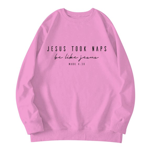 UJNDER Women's Jesus Letter Print Round Neck Pullover Sweatshirt Long Sleeve Casual Comfort Top Pink XL