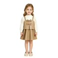 thumbnail image 2 of CPNG Girls 2 Piece Outfits Crewneck Puff Long Sleeve Top and Leather A-Line Suspender Dress Set Kids Daily Casual Outfit, 2 of 4