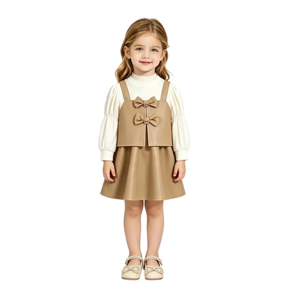 Ruyang Sets for Girls Puff Long Sleeve Knit Top Bow Decor Leather Suspender Skirt Clothes Toddler Kids Sweet Lounge Outfits